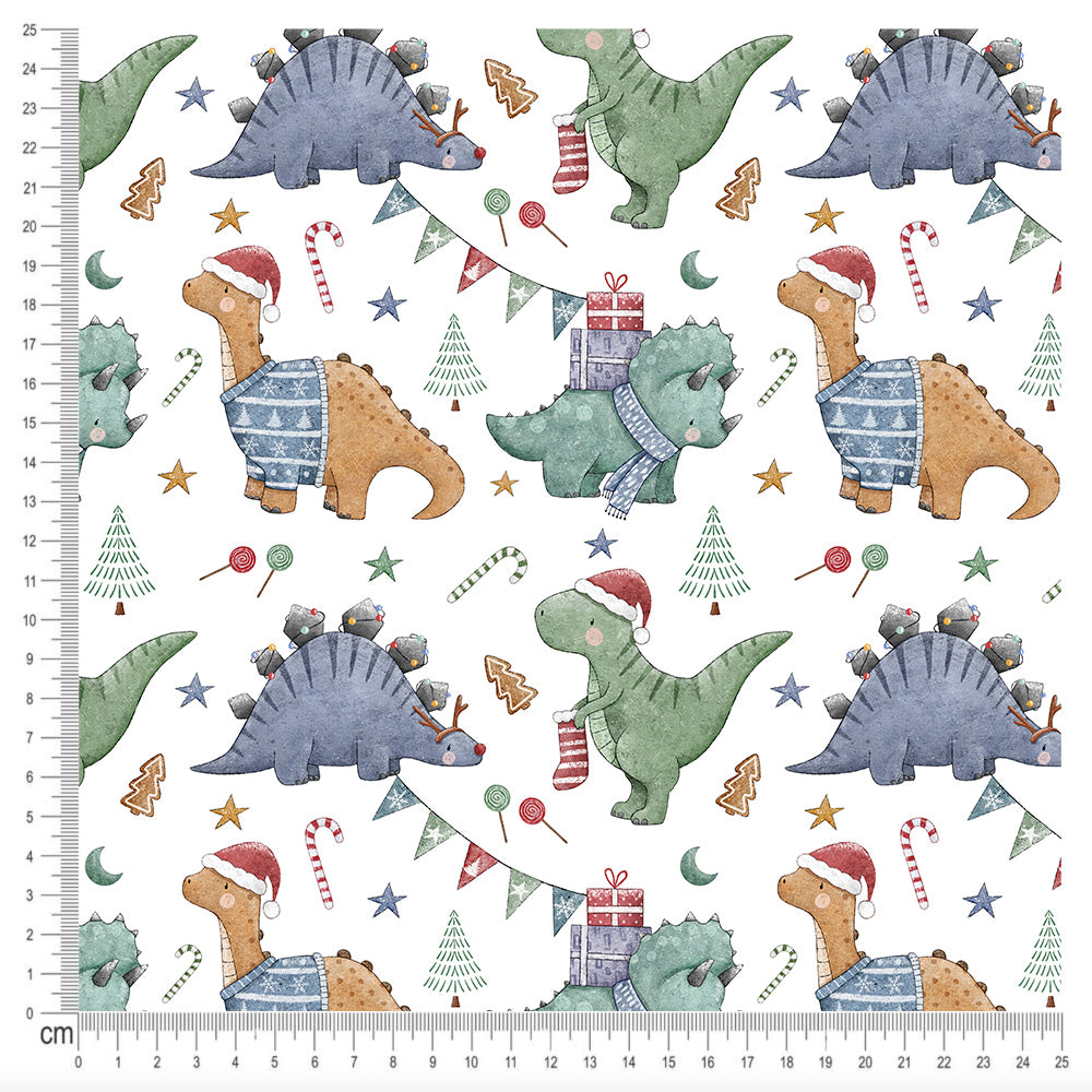 Cotton Jersey Fabric Christmas Dinosaurs White Jelly Fabrics Jelly Fabrics Ltd